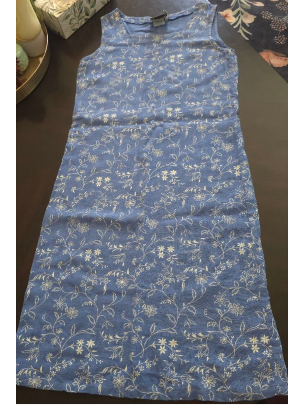 Women's Vintage LinenDressing Clio Blue & White Floral Sleeveless Shift Dress PL